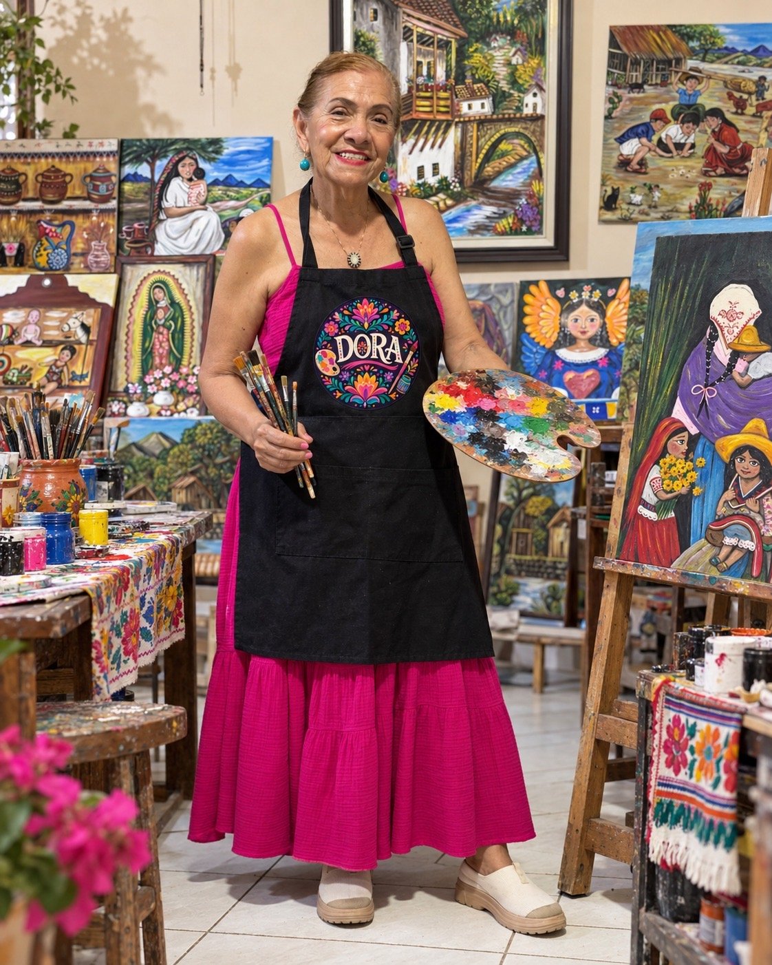 Dora Amelia en su taller rodeada de sus pinturas