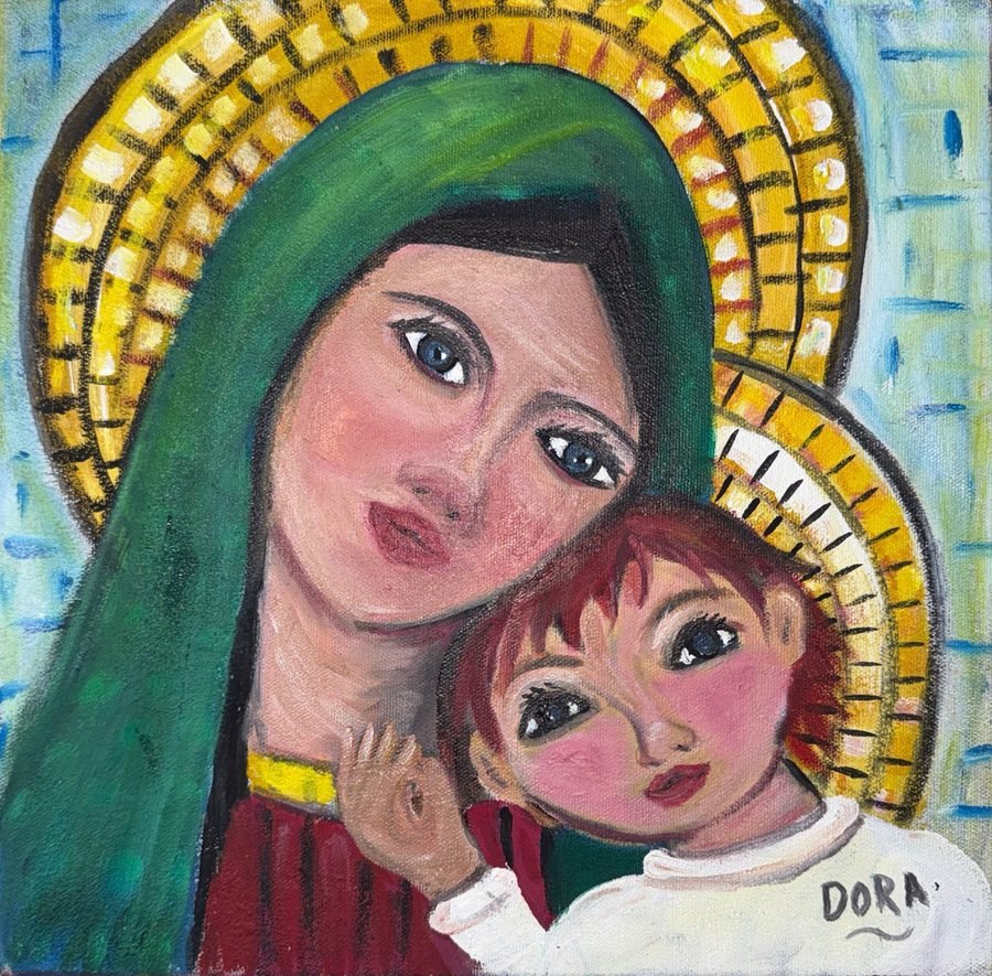 Pintura Virgen del manto verde con Niño de Dora Amelia